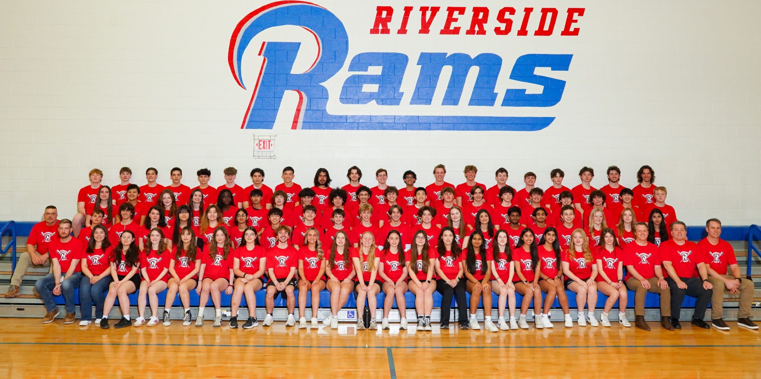 Riverside Crew team portrait in the school gym in 2025